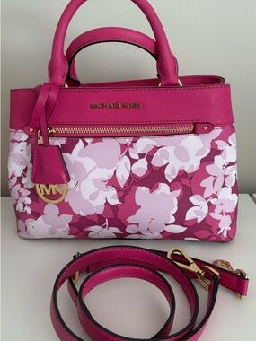 Michael Kors Fuchsia Floral Saffiano Satchel with Gold Hardware Hailee